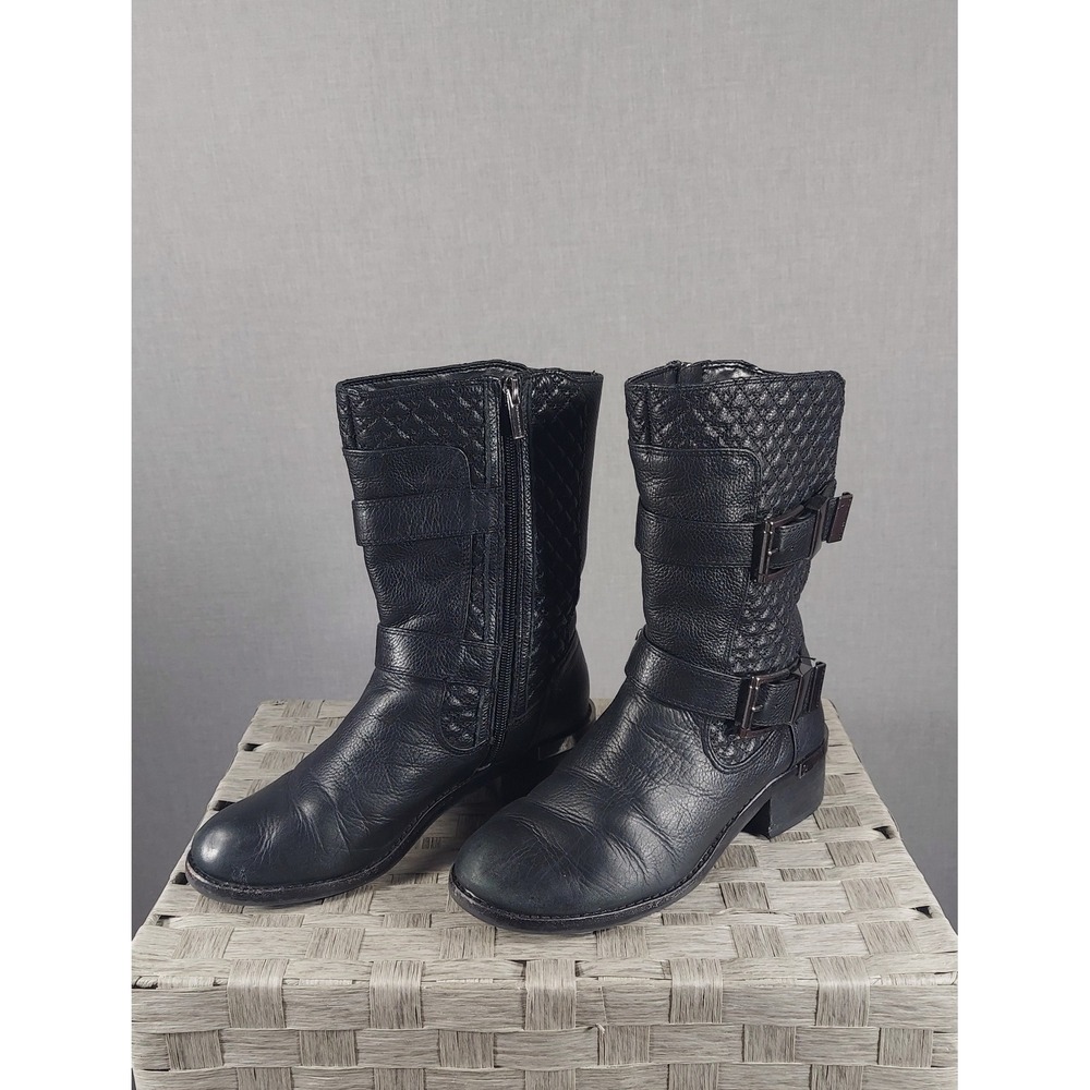 Vince Camuto Black Leather Moto Biker Riding Combat Boots 7 Black Quilted Buckle